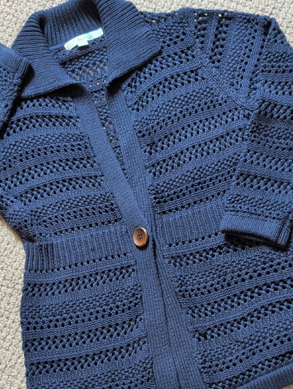 Classic Navy Crochet Knit Cotton Sweater Cardigan Maritime Nautical Preppy